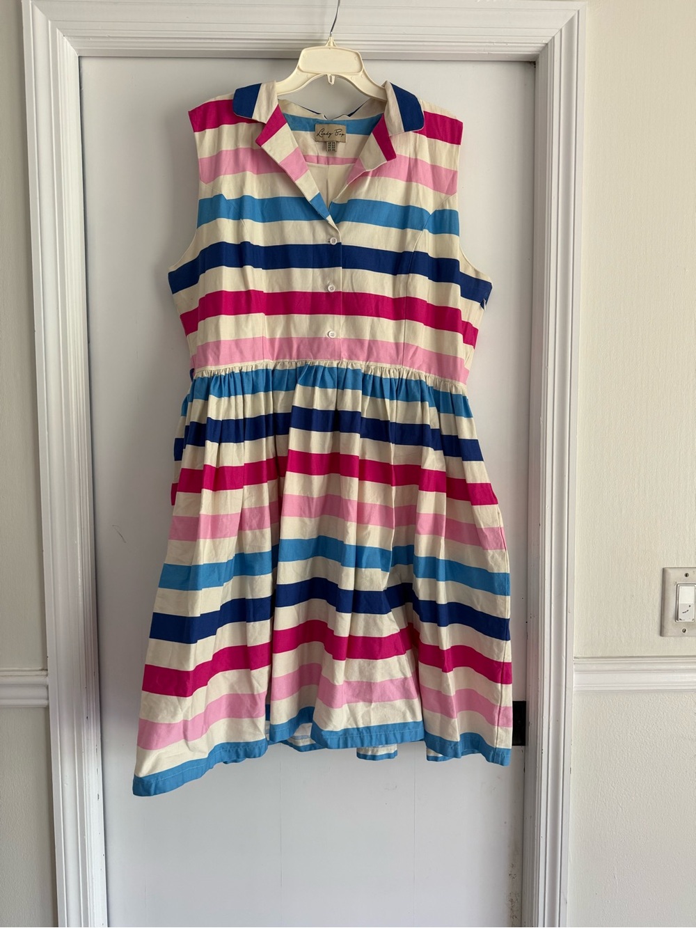Lindy Bop Sleeveless Collared Stripe Dress - Pink, Blue, Navy, Cream